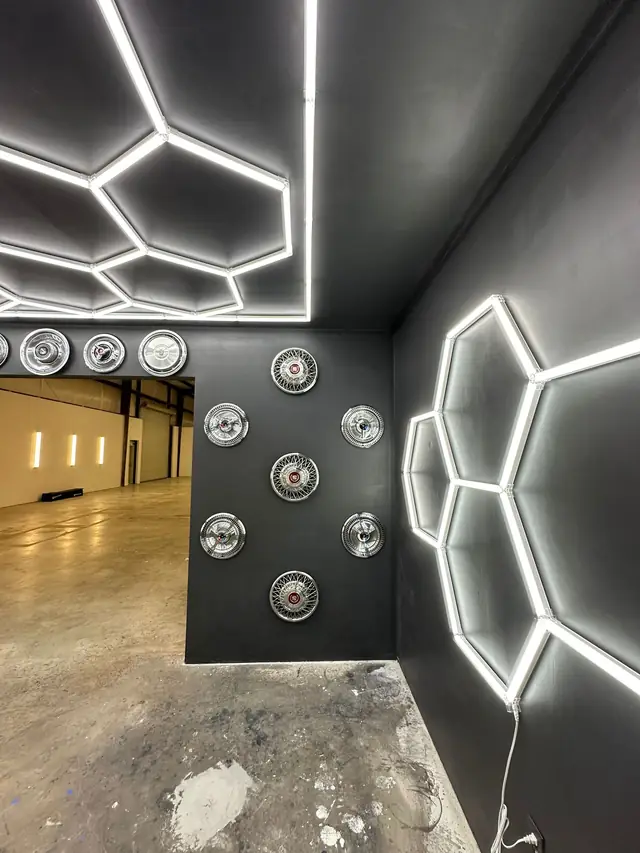 VP Wraps studio interior with hexagonal LED lighting